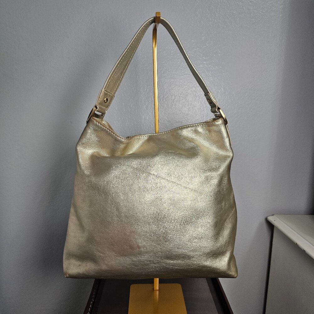 Michael Kors Metallic Gold Leather Hobo Bag - Gold Buckle Pocket Shoulder Bag - Picture 3 of 4